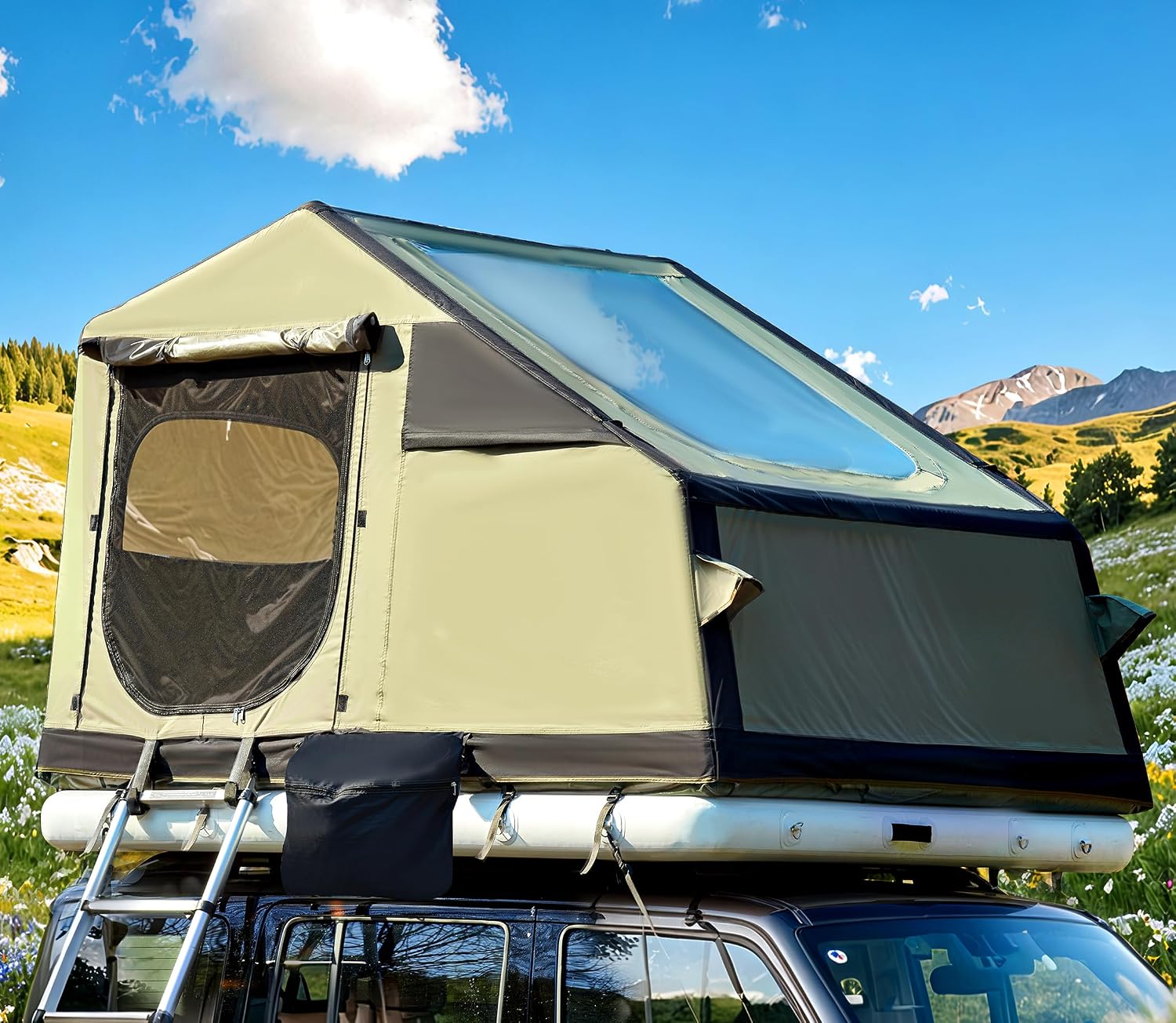 Inflatable Rooftop Tent: Equipped with an inflatable mattress, retractable ladder, and retractable awning